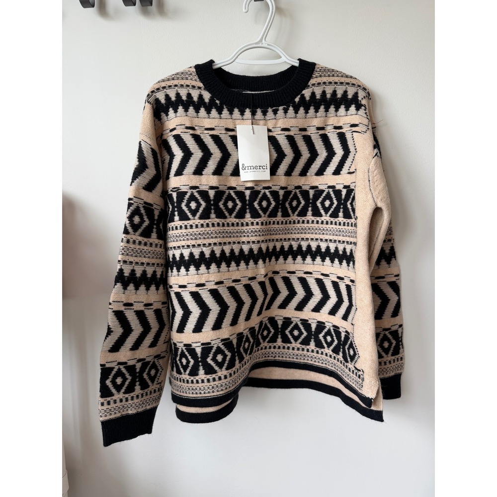 &merci Womens Geometric Fair Isle Crewneck Sweater Black Beige Size L NWT